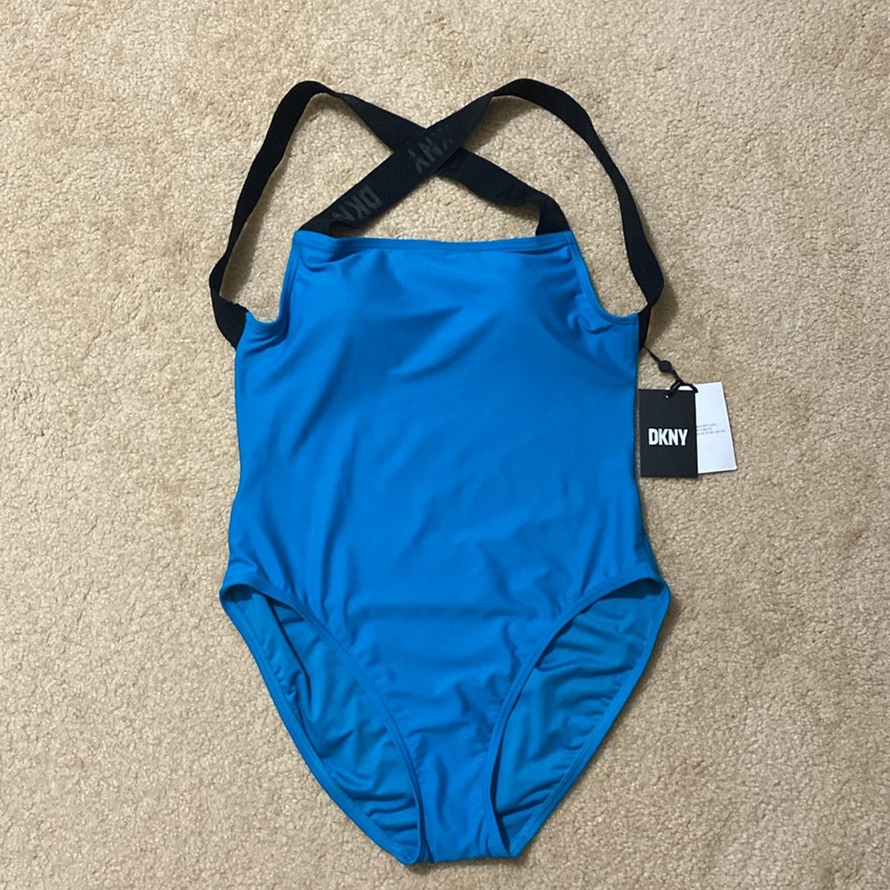 DKNY Women's Logo Cross Back Straps One-Piece Swimsuit Size L